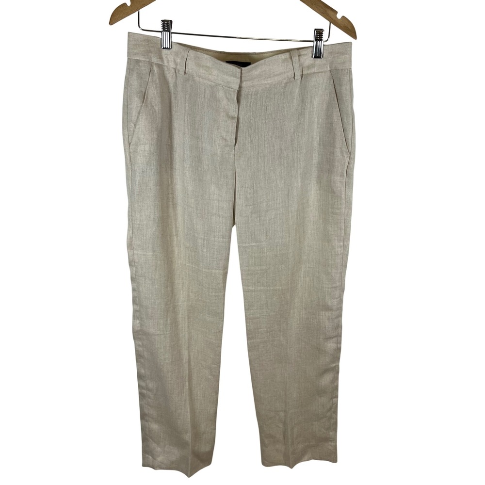 J. Crew Womens Oatmeal Beige Herringbone 100% Linen Straight Leg Pants Size 6